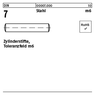 DIN 7 Stahl m6 Zylinderstifte, Toleranzfeld m6 Abmessung: 1 m6 x 3  VE = 1000 St&uuml;ck