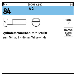 2000 Stück, DIN 84 A 2 Zylinderschrauben mit Schlitz - Abmessung: M 1 x 2