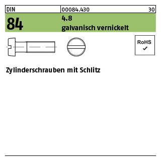 Zylinderschrauben mit Schlitz - ISO 1207/DIN 84 - Stahl 4.8 galvanisch vernickelt - M3x6 - 2000 Stück