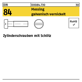 Zylinderschrauben mit Schlitz - ISO 1207/DIN 84 - Messing galvanisch vernickelt - M3x6 - 200 Stück