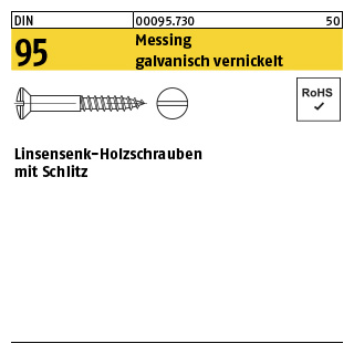200 Stück, DIN 95 Messing galvanisch vernickelt Linsensenk-Holzschrauben mit Schlitz - Abmessung: 3 x 16