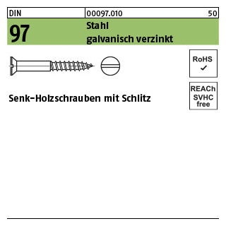 500 Stück, DIN 97 Stahl galvanisch verzinkt Senk-Holzschrauben mit Schlitz - Abmessung: 1,6 x 12