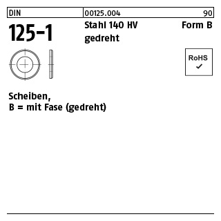 100 Stück, DIN 125-1 Stahl 140 HV Form B gedreht Scheiben, mit Fase (gedreht) - Abmessung: 2,2 x 5 x 0,5