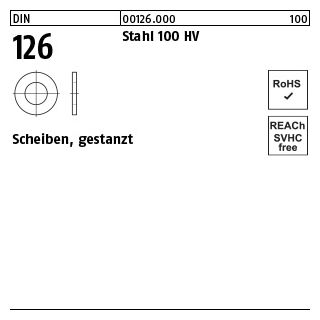 100 Stück, DIN 126 Stahl 100 HV Scheiben, gestanzt - Abmessung: 6,6 x 12 x1,6