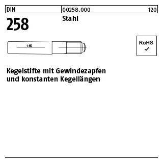 25 Stück, DIN 258 Stahl Kegelstifte mit Gewindezapfen und konstanten Kegellängen - Abmessung: 6 x 45