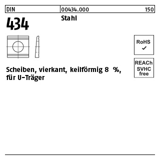 100 Stück, DIN 434 Stahl Scheiben, vierkant, keilförmig 8 %, für U-Träger - Abmessung: 9