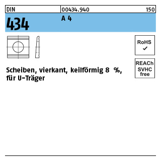 50 Stück, DIN 434 A 4 Scheiben, vierkant, keilförmig 8 %, für U-Träger - Abmessung: 9