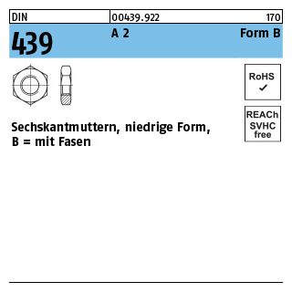 100 Stück, DIN 439 A 2 Form B Sechskantmuttern, niedrige Form, mit Fasen - Abmessung: BM 2