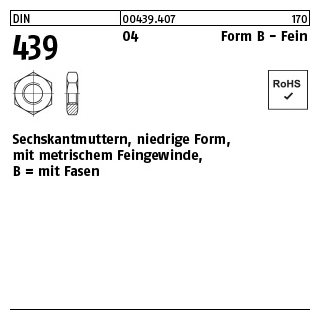 50 Stück, DIN 439 04 Form B - Fein Sechskantmuttern, niedrige Form, mit metrischem Feingewinde, mit Fasen - Abmessung: BM 20 x 2