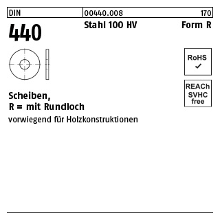 100 Stück, DIN 440 Stahl 100 HV Form R Scheiben, R = mit Rundloch - Abmessung: R 5,5x 18 x 2