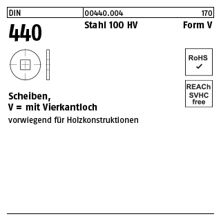 100 Stück, DIN 440 Stahl 100 HV Form V Scheiben, mit Vierkantloch - Abmessung: V 6,6x 22 x 2