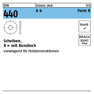 50 Stück, DIN 440 A 4 Form R Scheiben, R = mit Rundloch - Abmessung: R 11 x 34 x 3
