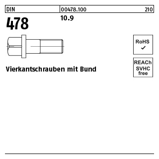 10 Stück, DIN 478 10.9 Vierkantschrauben mit Bund - Abmessung: M 16 x 60