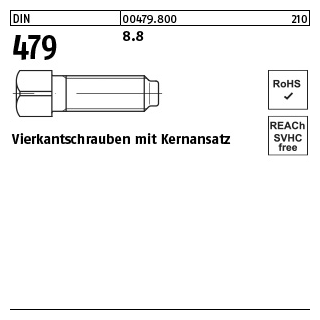 100 Stück, DIN 479 8.8 Vierkantschrauben mit Kernansatz - Abmessung: M 6 x 25