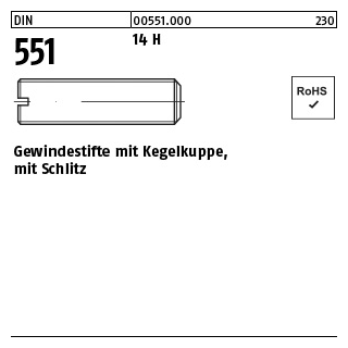 100 Stück, DIN 551 14 H Gewindestifte mit Kegelkuppe, mit Schlitz - Abmessung: M 1,6 x 2