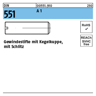 50 Stück, DIN 551 A 1 Gewindestifte mit Kegelkuppe, mit Schlitz - Abmessung: M 3 x 8