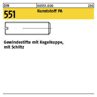 100 Stück, DIN 551 Kunststoff PA Gewindestifte mit Kegelkuppe, mit Schlitz - Abmessung: M 5 x 12