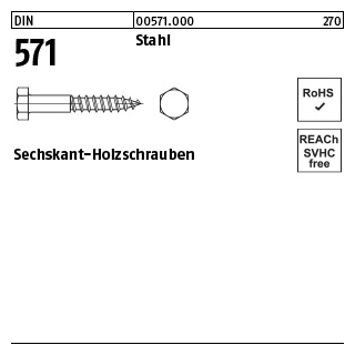 200 Stück, DIN 571 Stahl Sechskant-Holzschrauben - Abmessung: 6 x 35