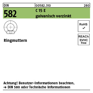 25 Stück, DIN 582 C 15 E galvanisch verzinkt Ringmuttern - Abmessung: M 6