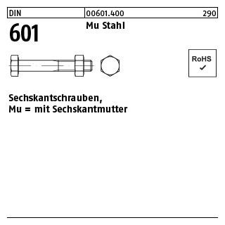 50 Stück, DIN 601 Mu Stahl Sechskantschrauben, mit Sechskantmutter - Abmessung: M 12 x 65