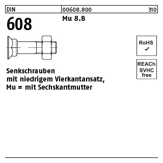 100 Stück, DIN 608 Mu 8.8 Senkschrauben mit niedrigem Vierkantansatz, mit Sechskantmutter - Abmessung: M 12 x 35
