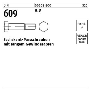 25 Stück, DIN 609 8.8 Sechskant-Passschrauben mit langem Gewindezapfen - Abmessung: M 8 x 25