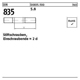 100 Stück, DIN 835 5.8 Stiftschrauben, Einschraubende = 2 d - Abmessung: M 6 x 16