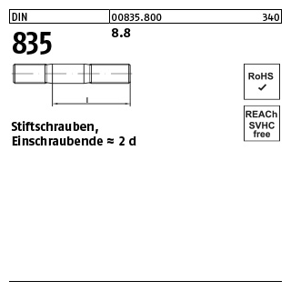 100 Stück, DIN 835 8.8 Stiftschrauben, Einschraubende = 2 d - Abmessung: M 8 x 16
