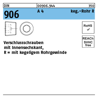 50 Stück, DIN 906 A 4 keg.-Rohr R verschlussschrauben mit Innensechskant, mit kegeligem Rohrgewinde - Abmessung: R 1/8