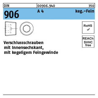 100 Stück, DIN 906 A 4 keg.-Fein verschlussschrauben mit Innensechskant, mit kegeligem Feingewinde - Abmessung: M 14 x 1,5