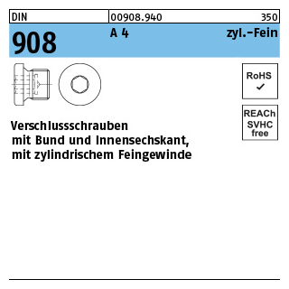 100 Stück, DIN 908 A 4 zyl.-Fein verschlussschrauben mit Bund und Innensechskant, m. zyl. Feingewinde - Abmessung: M 10 x 1