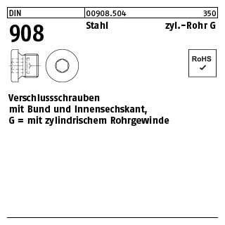 100 Stück, DIN 908 Stahl zyl.-Rohr G verschlussschrauben mit Bund und Innensechskant,mit zyl. Rohrgewinde - Abmessung: G 1/8 A