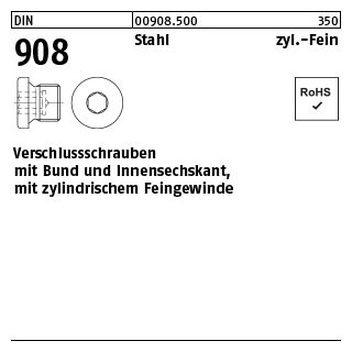 25 Stück, DIN 908 Stahl zyl.Fein verschlussschrauben mit Bund und Innensechskant, m. zyl. Feingewinde - Abmessung: M 18 x 1,5