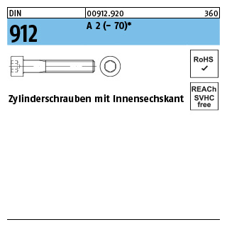 DIN 912 A 2 - 70 Zylinderschrauben mit Innensechskant - Abmessung: M 1,6 x 5  VE = 100 Stück
