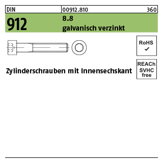 DIN 912 8.8 galvanisch verzinkt Zylinderschrauben mit Innensechskant - Abmessung: M 3 x 10  VE = 500 Stück