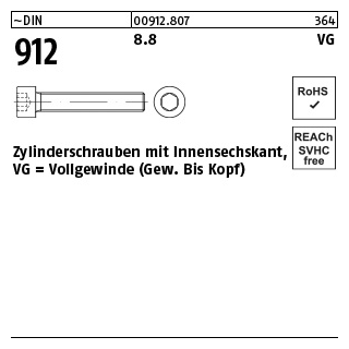 ~DIN 912 8.8 VG Zylinderschrauben mit Innensechskant, Vollgewinde (Gew. bis Kopf) - Abmessung: M 5 x 50  VE = 200 Stück