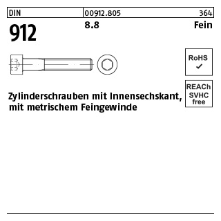 200 Stück, DIN 912 8.8 Fein Zylinderschrauben mit Innensechskant, mit metrischem Feingewinde - Abmessung: M 8 x1 x 12