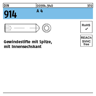 50 Stück, DIN 914 A 4 Gewindestifte mit Spitze, mit Innensechskant - Abmessung: M 12 x 16