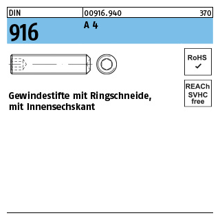 500 Stück, DIN 916 A 4 Gewindestifte mit Ringschneide, mit Innensechskant - Abmessung: M 3 x 16