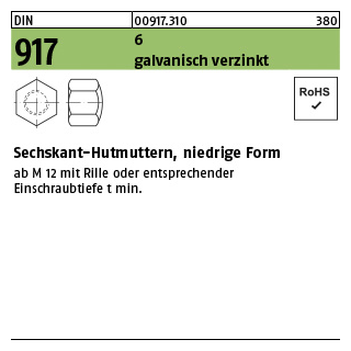 100 Stück, DIN 917 6 galvanisch verzinkt Sechskant-Hutmuttern, niedrige Form - Abmessung: M 4