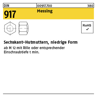 1000 Stück, DIN 917 Messing Sechskant-Hutmuttern, niedrige Form - Abmessung: M 6