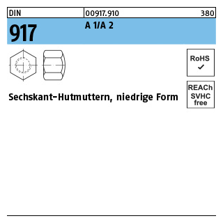 250 Stück, DIN 917 A 1/A 2 Sechskant-Hutmuttern, niedrige Form - Abmessung: M 8