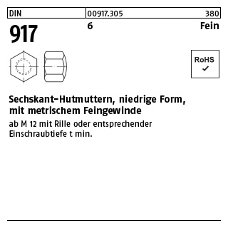 50 Stück, DIN 917 6 Fein Sechskant-Hutmuttern, niedrige Form, mit metrischem Feingewinde - Abmessung: M 12 x 1,5 SW 19