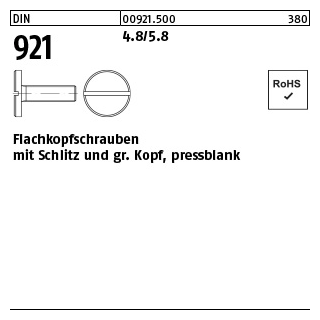 100 Stück, DIN 921 4.8/5.8 Flachkopfschrauben mit Schlitz und großem Kopf, pressblank - Abmessung: M 6 x 16