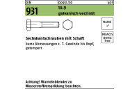 50 Stück, DIN 931 10.9 galvanisch verzinkt Sechskantschrauben mit Schaft - Abmessung: M 12 x 65