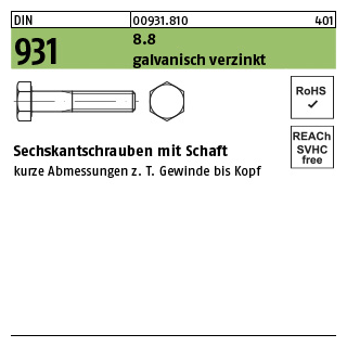 DIN 931 8.8 galvanisch verzinkt Sechskantschrauben mit Schaft - Abmessung: M 12 x 330, Inhalt: 10 Stück