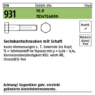 50 Stück, DIN 931 10.9 flZn/TL 480h (zinklamellenbesch.) Sechskantschrauben mit Schaft - Abmessung: M 16 x 60