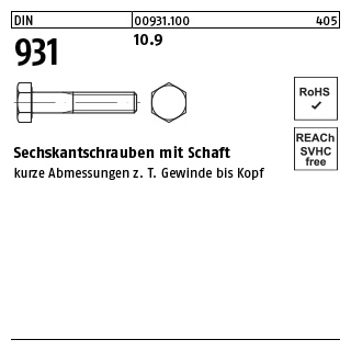 DIN 931 10.9 Sechskantschrauben mit Schaft - Abmessung: M 16 x 310, Inhalt: 10 Stück