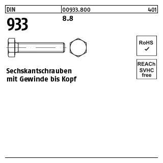 100 Stück, DIN 933 8.8 Sechskantschrauben mit Gewinde bis Kopf - Abmessung: M 5 x 6