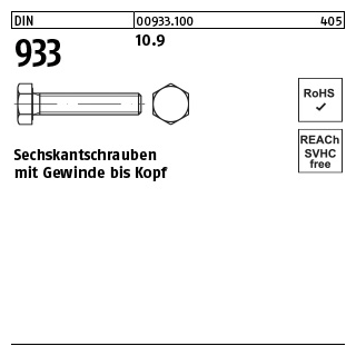 200 Stück, DIN 933 10.9 Sechskantschrauben mit Gewinde bis Kopf - Abmessung: M 10 x 20